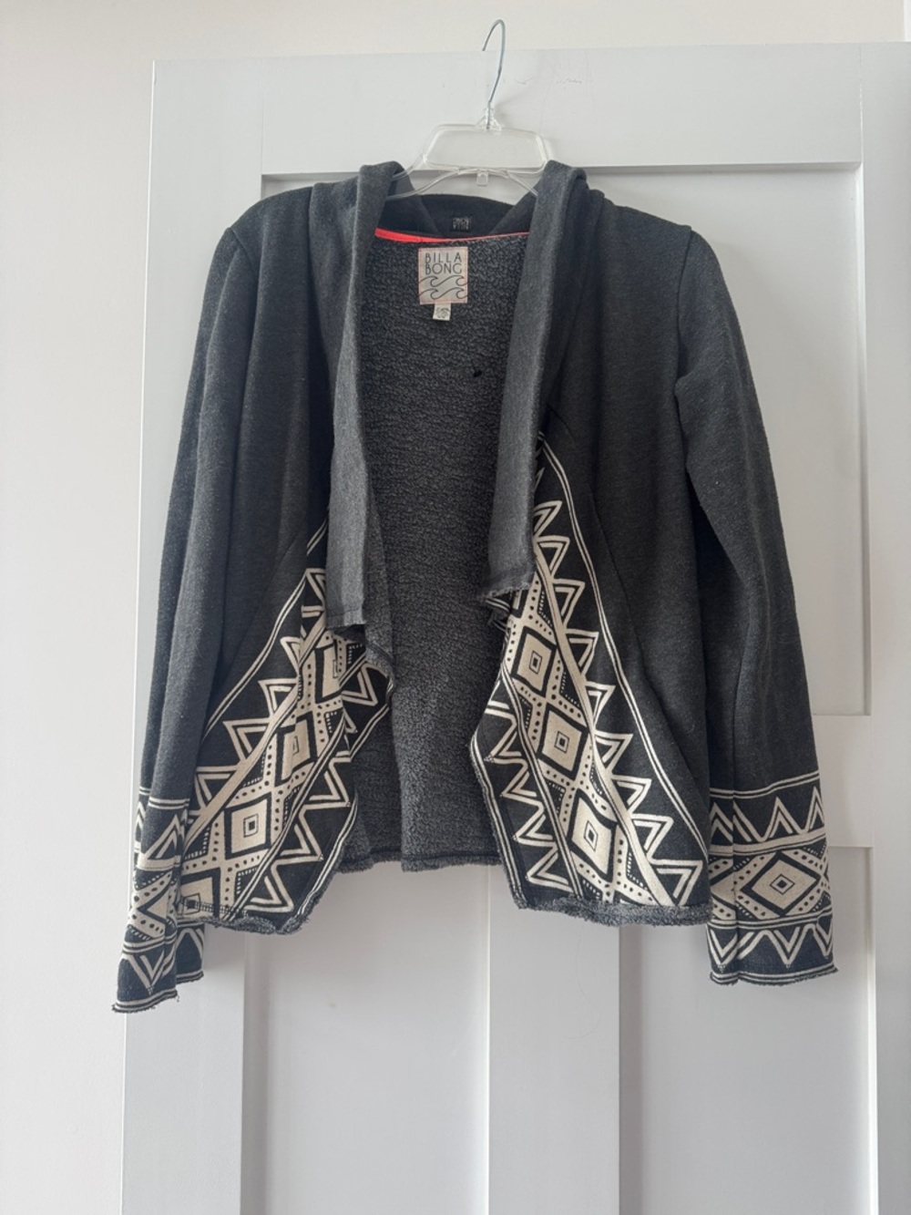 Billabong Charcoal Gray Open-Front Aztec Knit Cardigan with Cream Trim